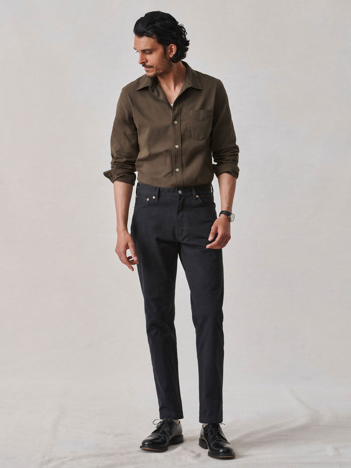 View of the Brown Cinder Draped Twill One Pocket Shirt