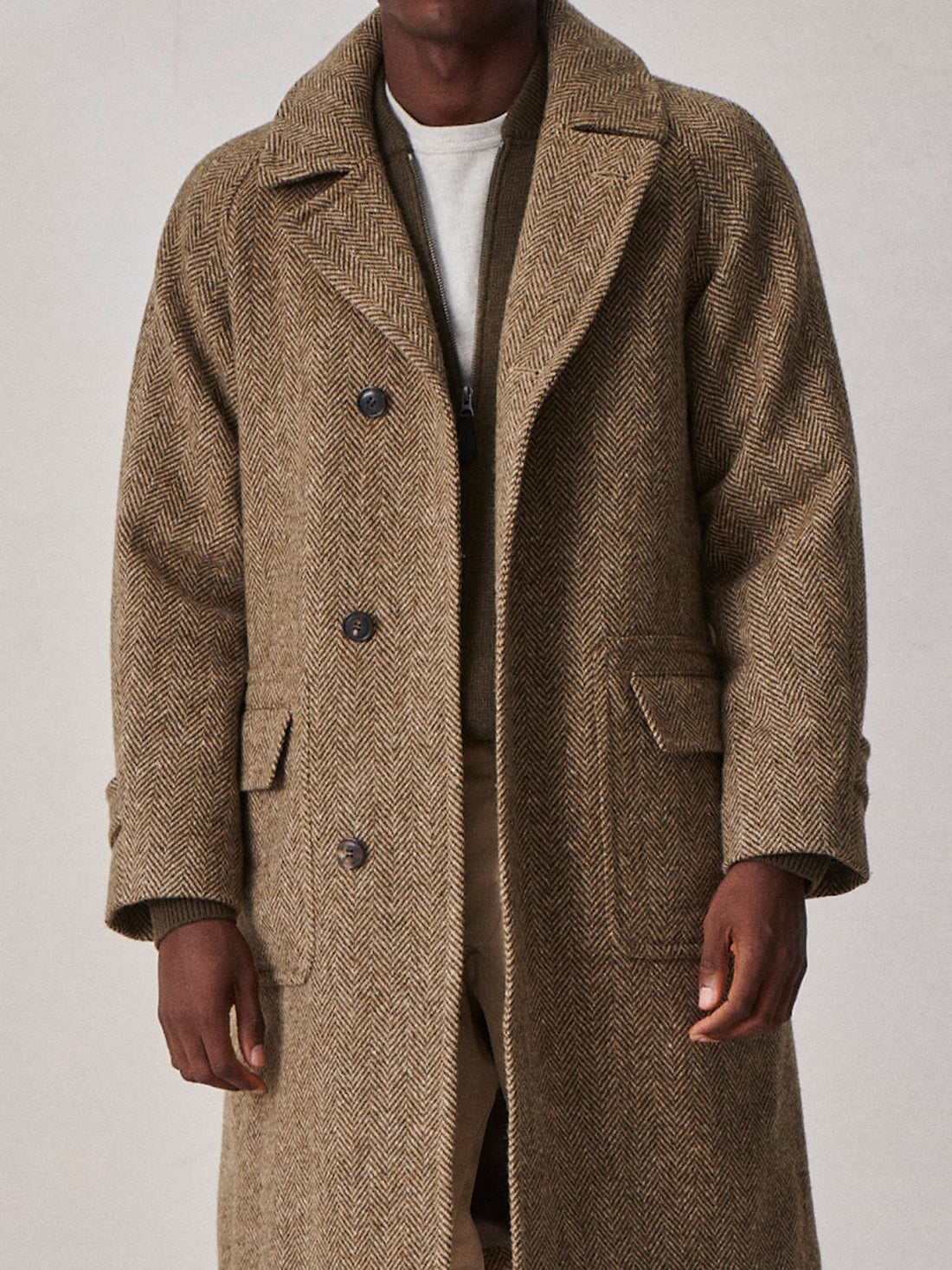 1920s Men’s Coats & Jackets History DONEGAL CHEVRON TWEED BALMACAAN COAT buck mason  AT vintagedancer.com