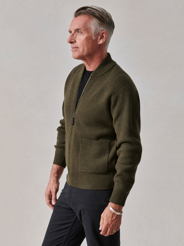 Model Wearing Field Olive Heritage Wool Zip Cardigan