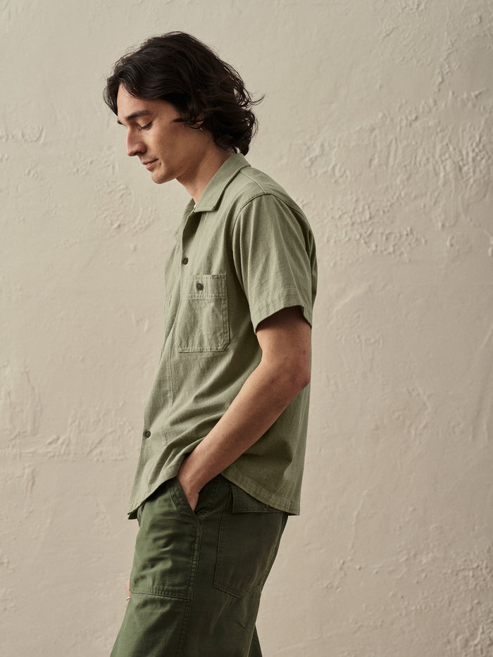 Model Wearing Khaki Rope Knit SS Naval Utility Shirt - Side