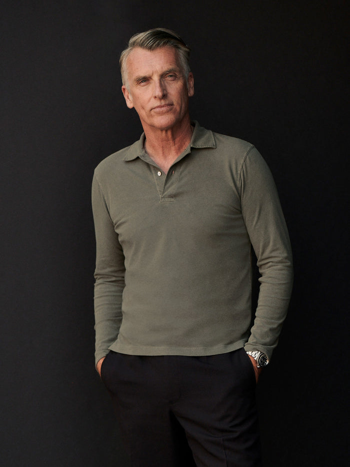 Model Wearing Weathered Olive Venice Wash Sueded Cotton LS Polo