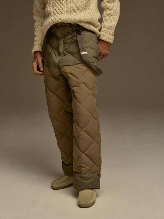 Model wearing Burnt Olive Cascade Down Eddie Bauer '42 Flight Pant - Front