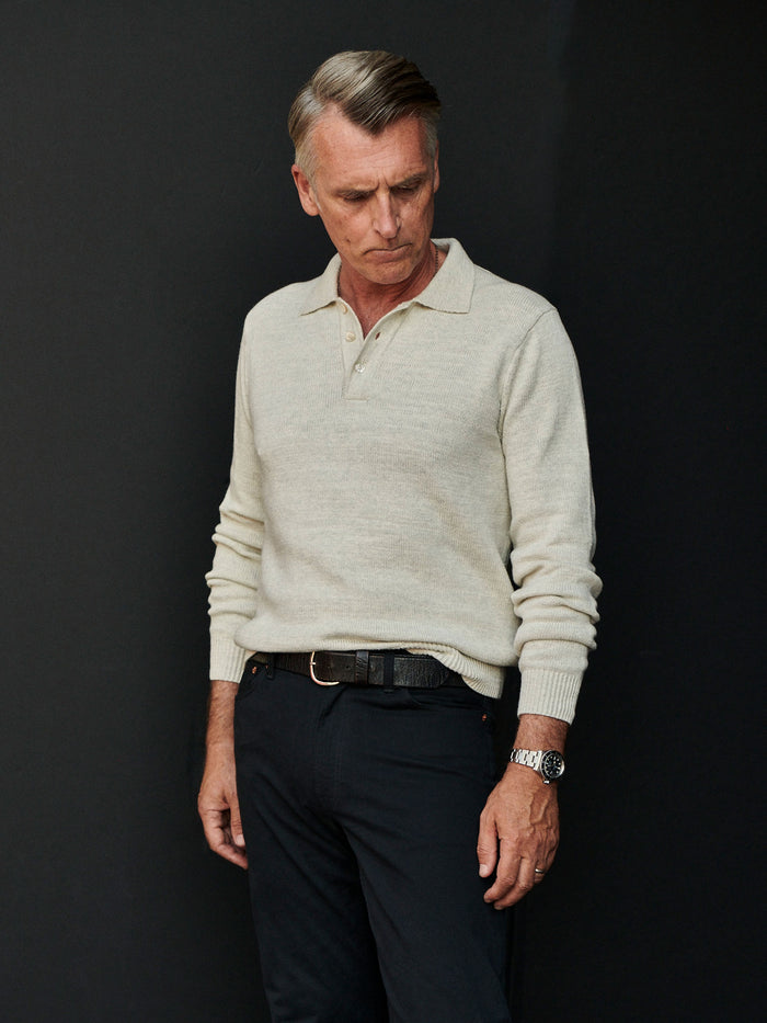 Model Wearing Natural Seafarer Cotton Rugby Polo
