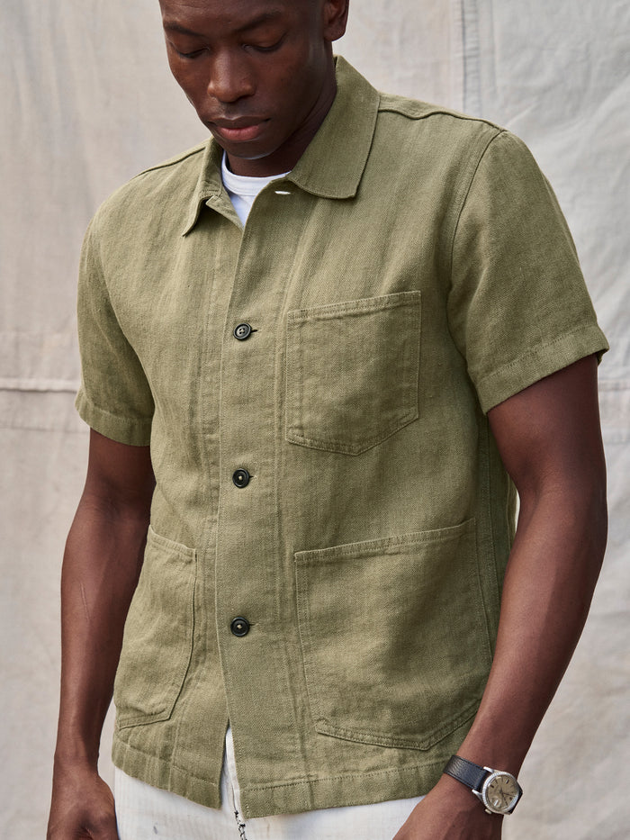 View of the Olive Herringbone Loomed Linen S/S Surplus Shirt