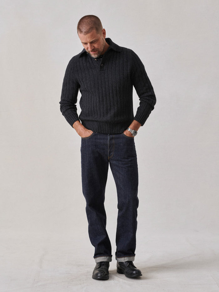 Model Wearing Charcoal Collared Herdsman Pullover