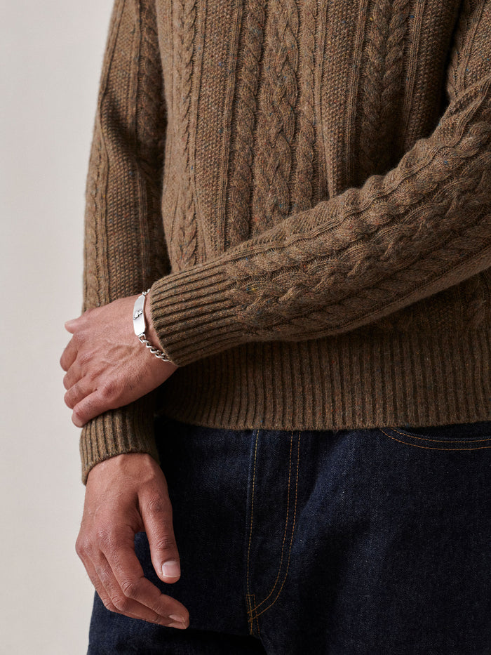 Model Wearing Teak Donegal Tweed Wool Cable Crew 