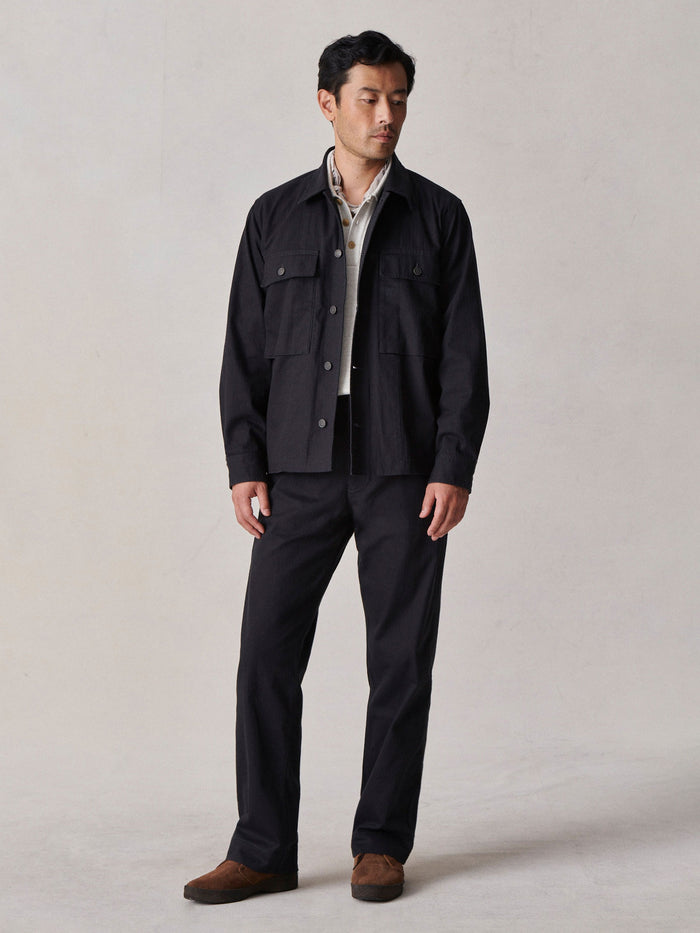 View of the Soft Black Venice Wash Herringbone Twill Fatigue Shirt