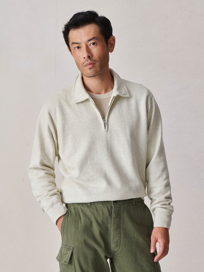 Model Wearing Silver Birch Interloop Quarter Zip - Front