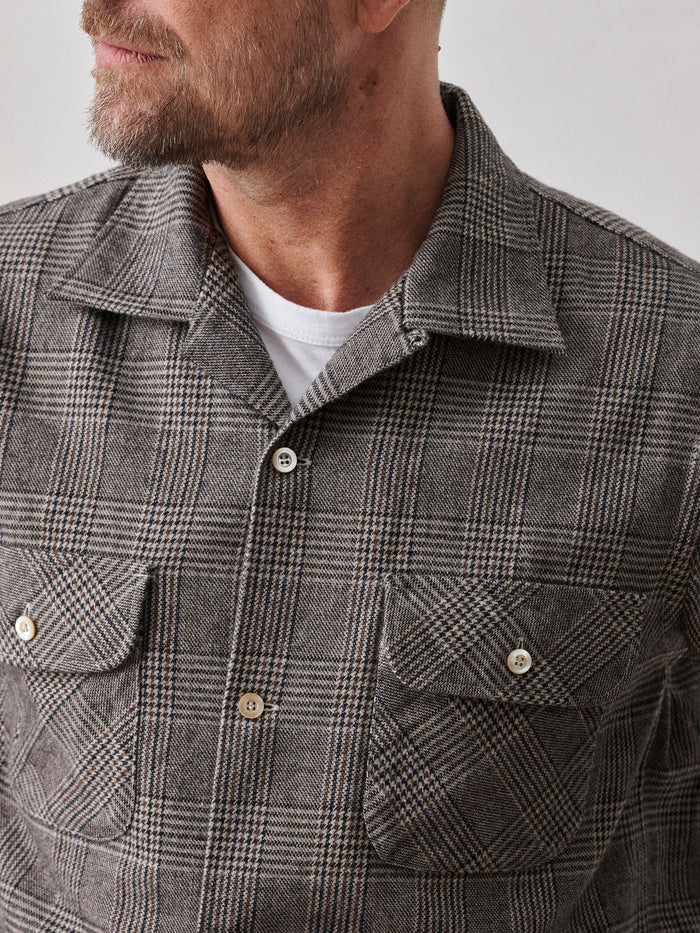 View of the Heather Grey/Brown Glen Plaid Coastal Wool Guide Shirt