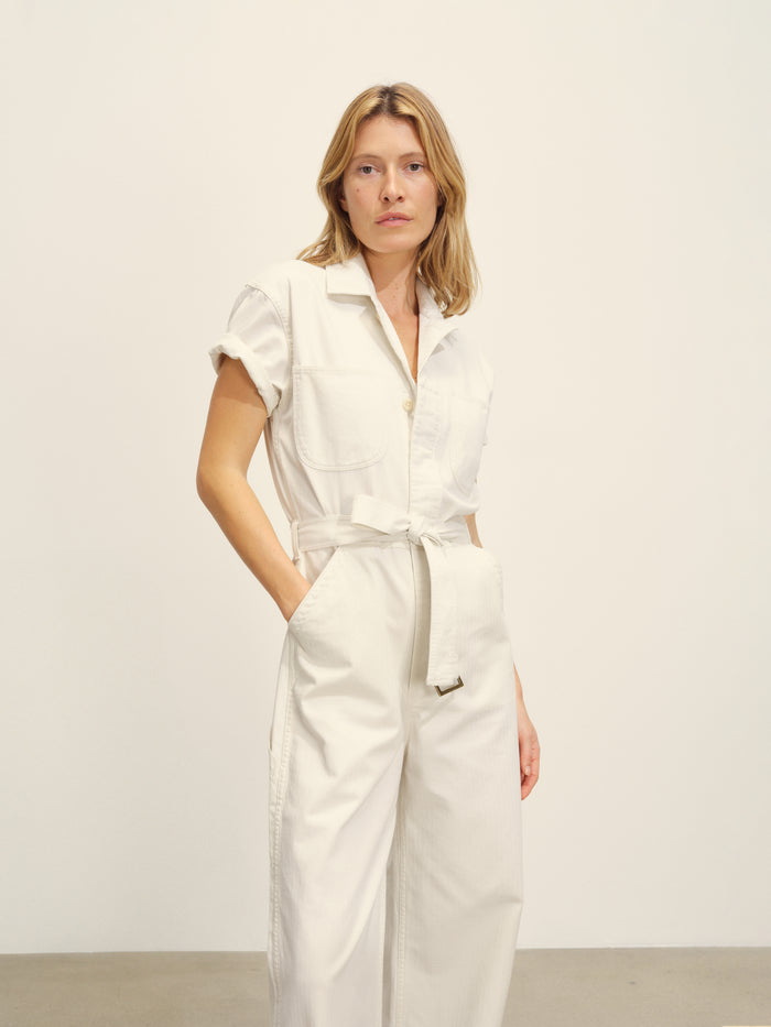 View of the Natural Herringbone Twill S/S Utility Jumpsuit