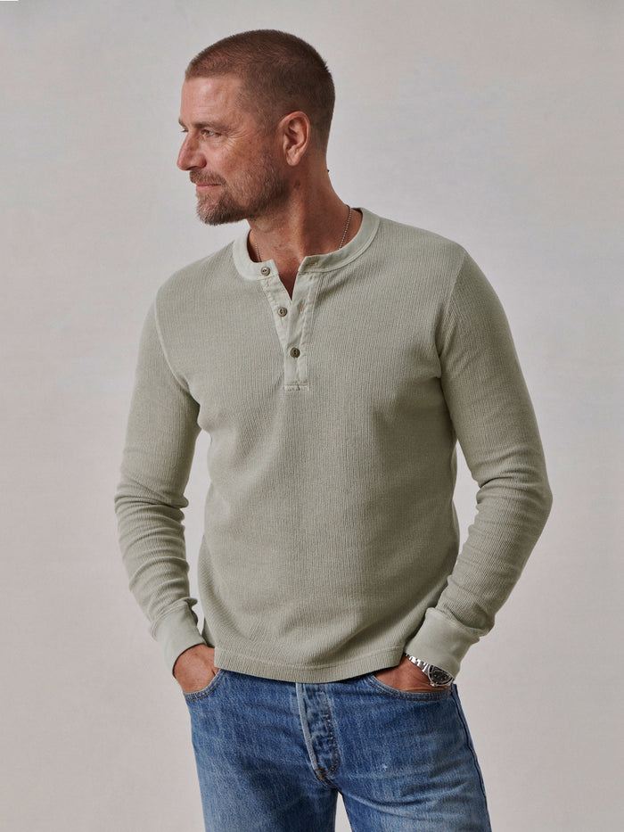 Model Wearing Abbey Stone Venice Wash Thermal Henley