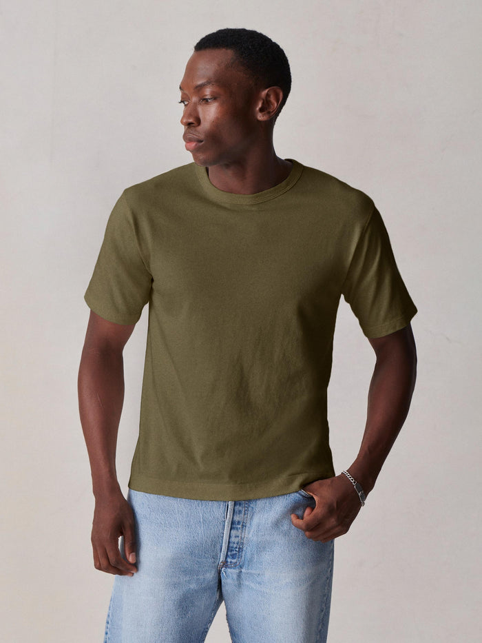 Model wearing Field Olive Tough-Knit 90s Boxy Tee - Front