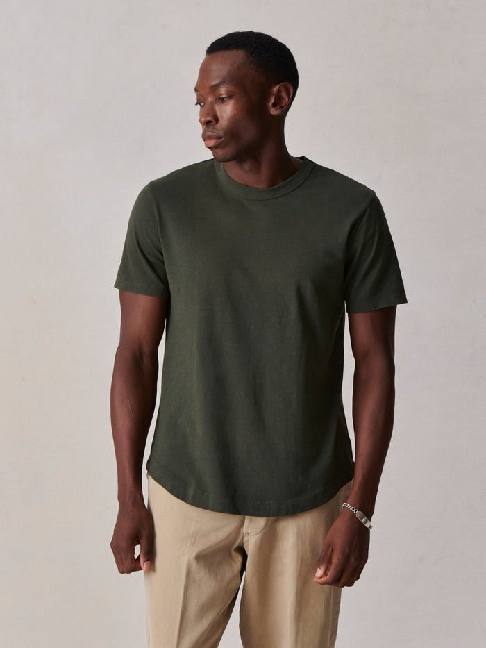 Model Wearing Dark Olive Slub Curved Hem Tee