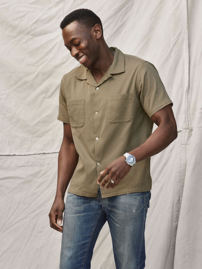 Model Wearing Bronze Brown Twill SS Camp Shirt