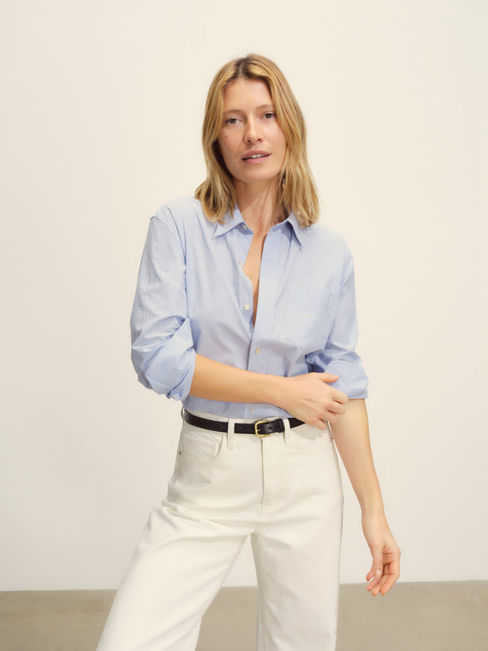 Model Wearing French Blue Eoe Mainstay Cotton Shirt - Front 