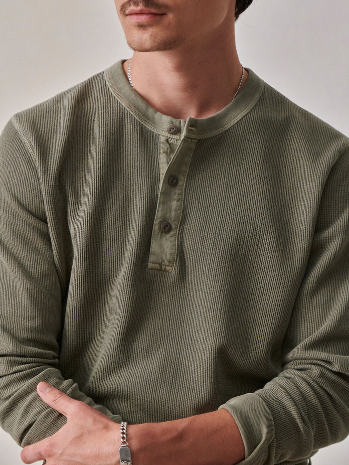 Model Wearing Dried Thyme Venice Wash Thermal Henley