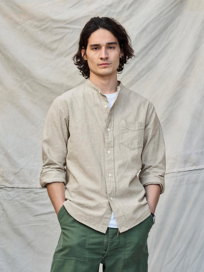 Model Wearing Sage Breeze Cotton Linen Band Collar Shirt