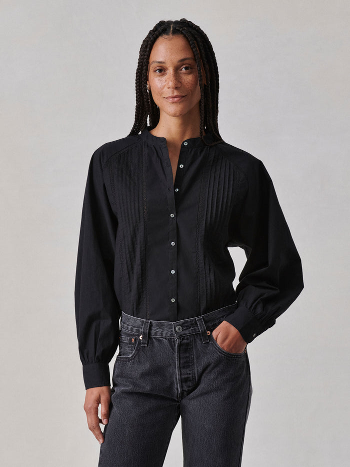 Model Wearing Black Heirloom Poplin Poet Shirt