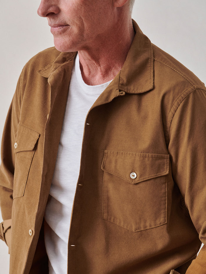 Model Wearing Golden Rye Pinwale Cord Camp Shirt