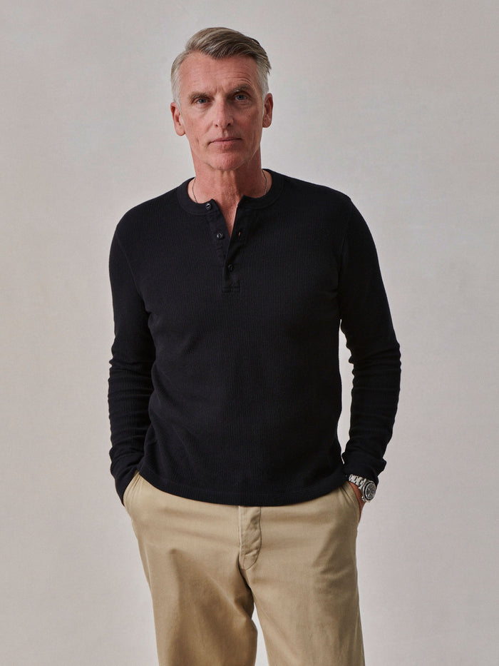 Model Wearing Black Thermal Henley