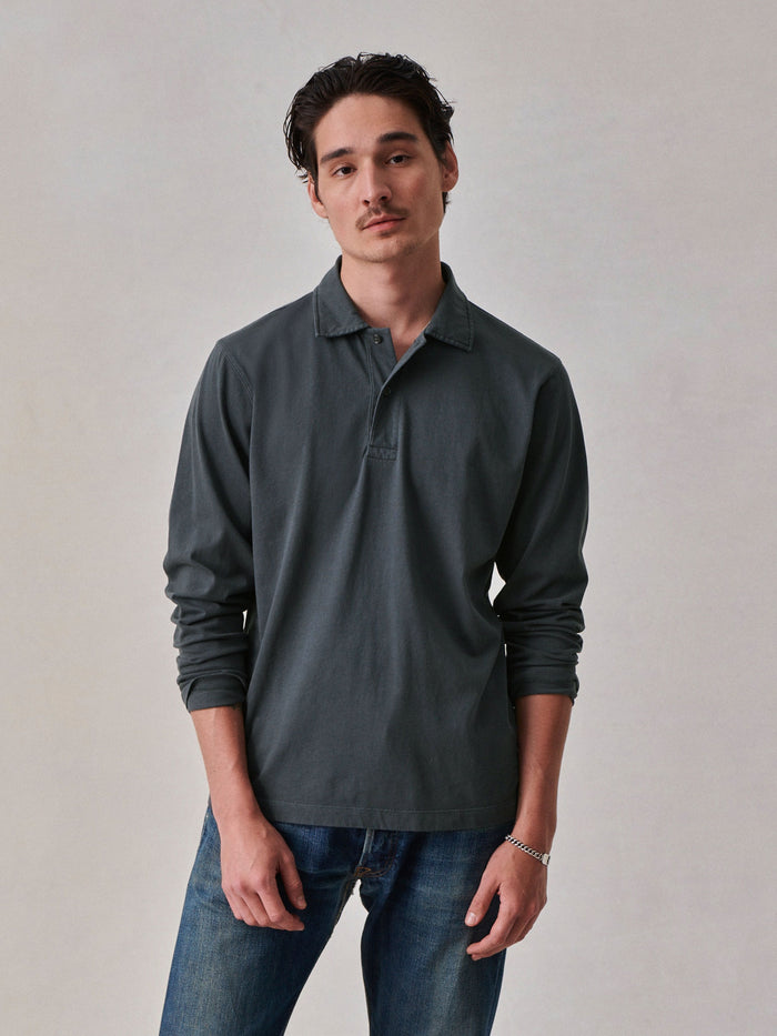 Model Wearing Blue Onyx Venice Wash Sueded Cotton LS Polo