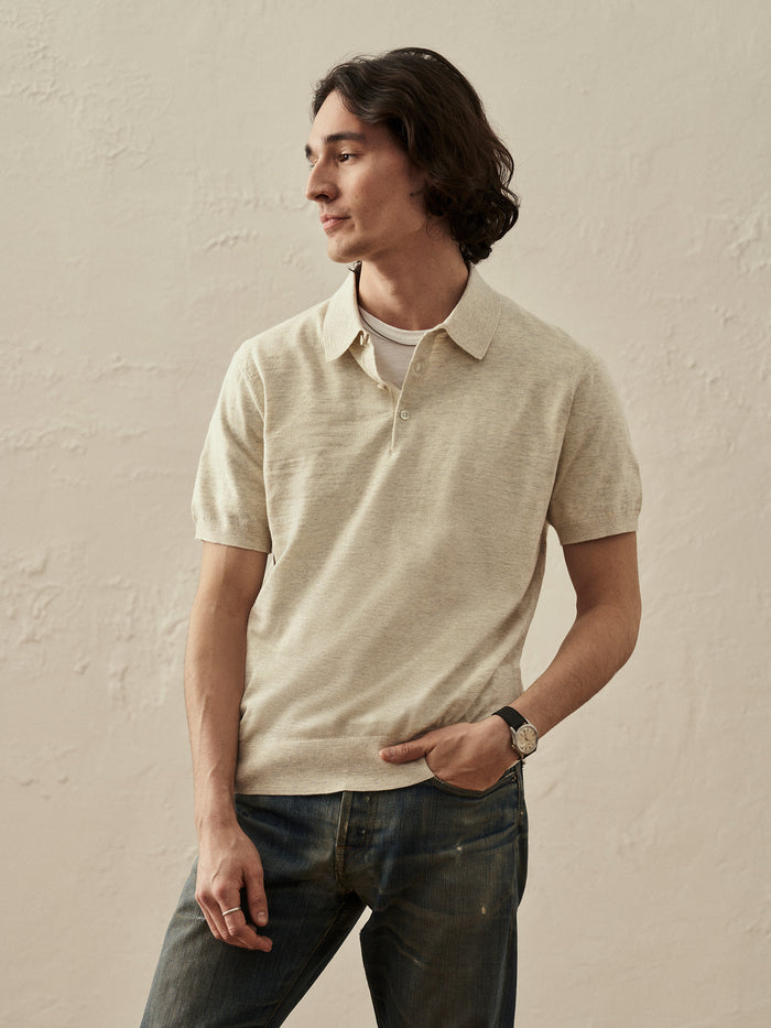 Model Wearing Natural Avalon Knit Polo - Front