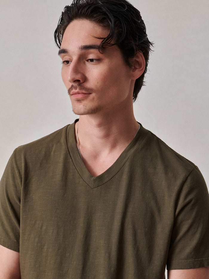 Model Wearing Marsh Slub Curved Hem V-Neck