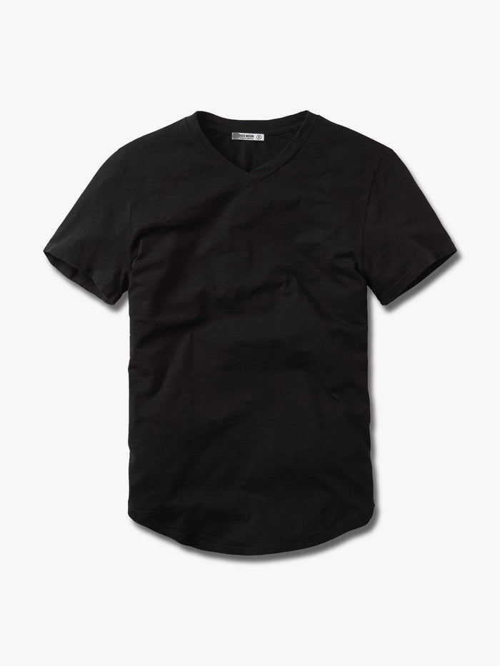 Black Slub Curved Hem V-Neck - Product Flat