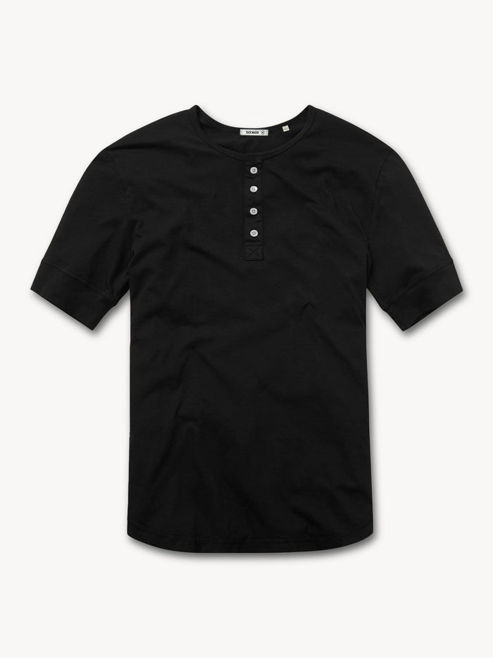 Black Pima Tall Short Sleeve Curved Hem Henley - Product Flat