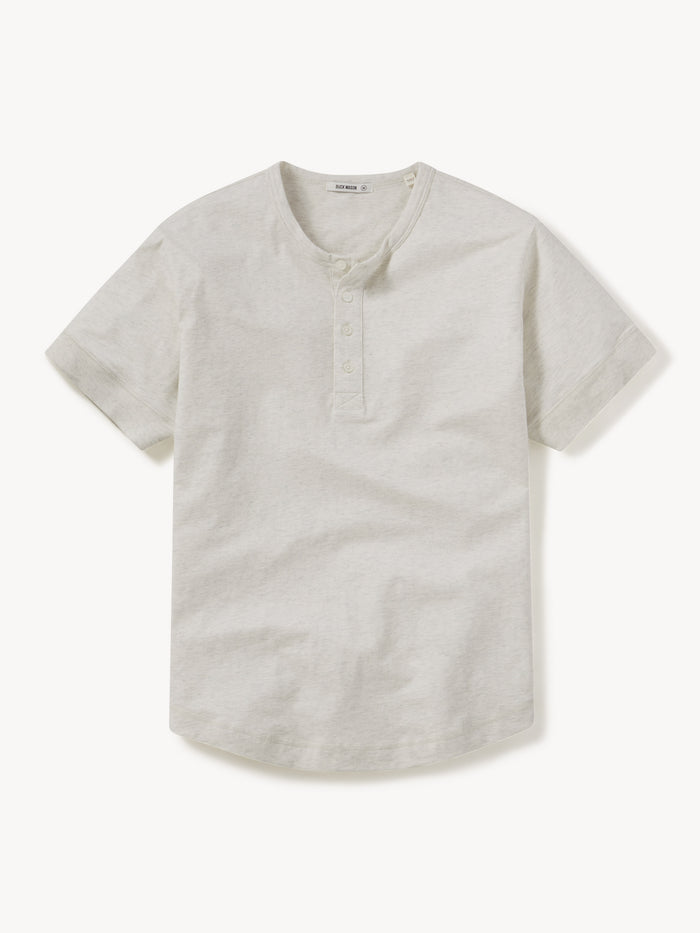 Heather Oat Pima Short Sleeve Curved Hem Henley - Product Flat