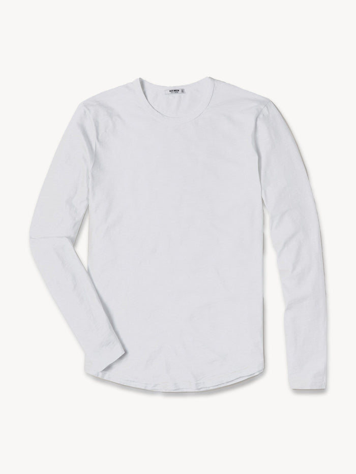 White Long Sleeve Slub Curved Hem Tee - Product Flat