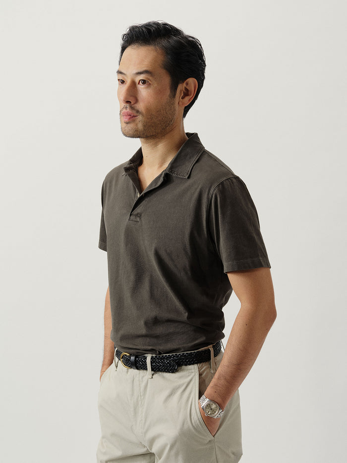 View of the Slate Grey Venice Wash Sueded Cotton Polo