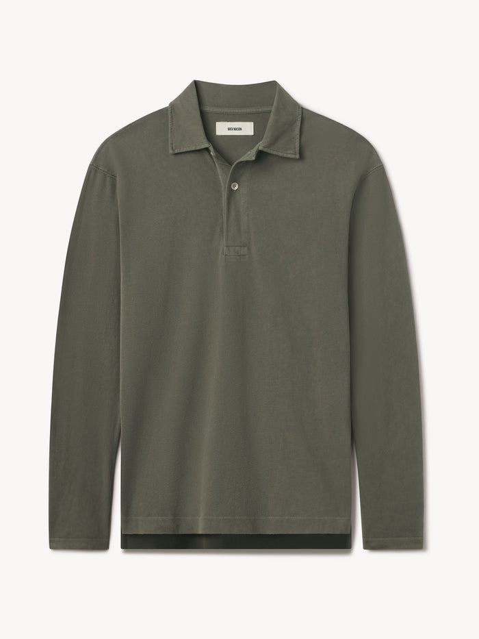 Weathered Olive Venice Wash Sueded Cotton L/S Polo - Product Flat