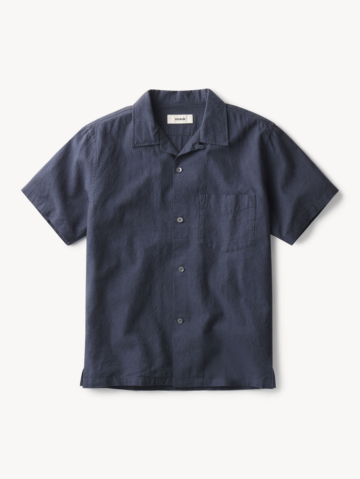 Navy / Faded Black Stripe Breeze Cotton Linen S/S Camp Shirt - Product Flat