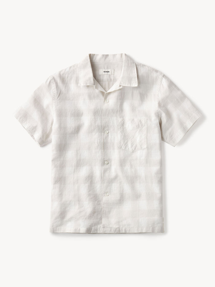 Natural/Oyster Shadow Plaid Breeze Cotton Linen S/S Camp Shirt - Product Flat