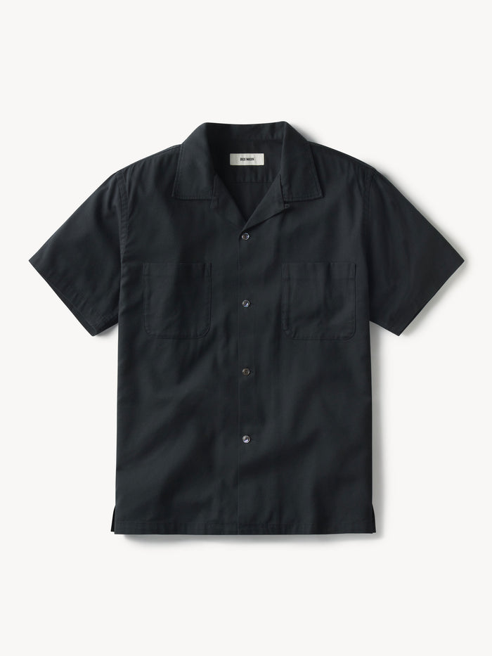 Black Draped Twill S/S Camp Shirt - Product Flat