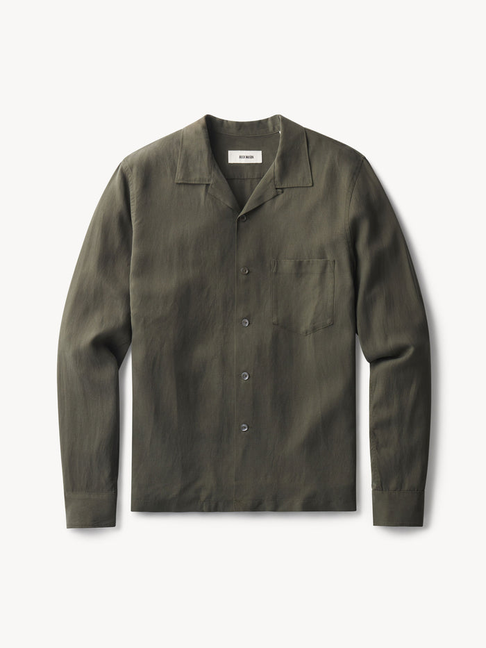 Dark Olive Draped Linen Camp Shirt - Product Flat