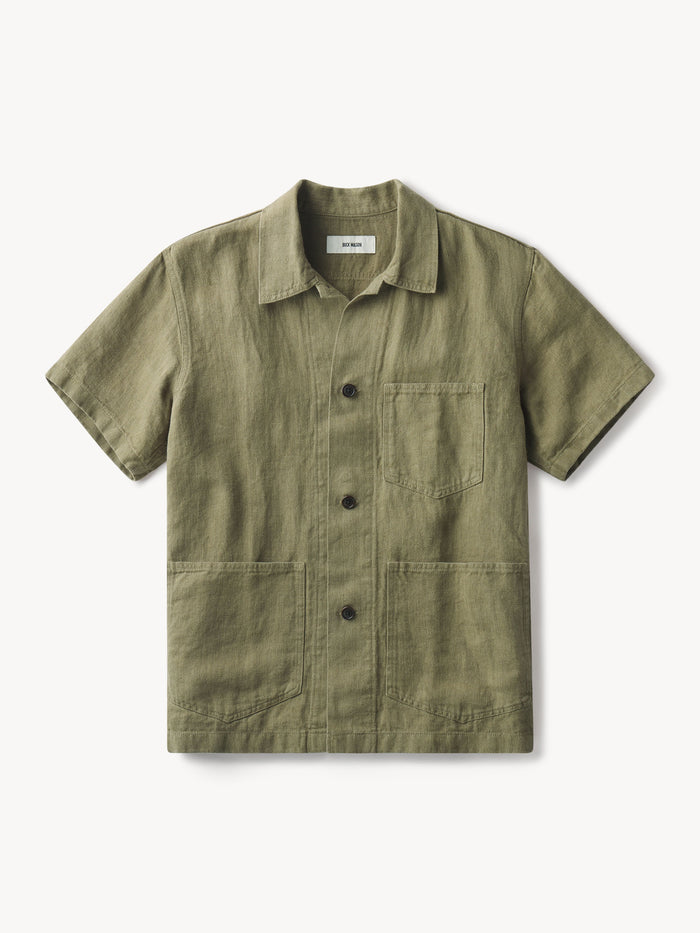 Olive Herringbone Loomed Linen S/S Surplus Shirt - Product Flat