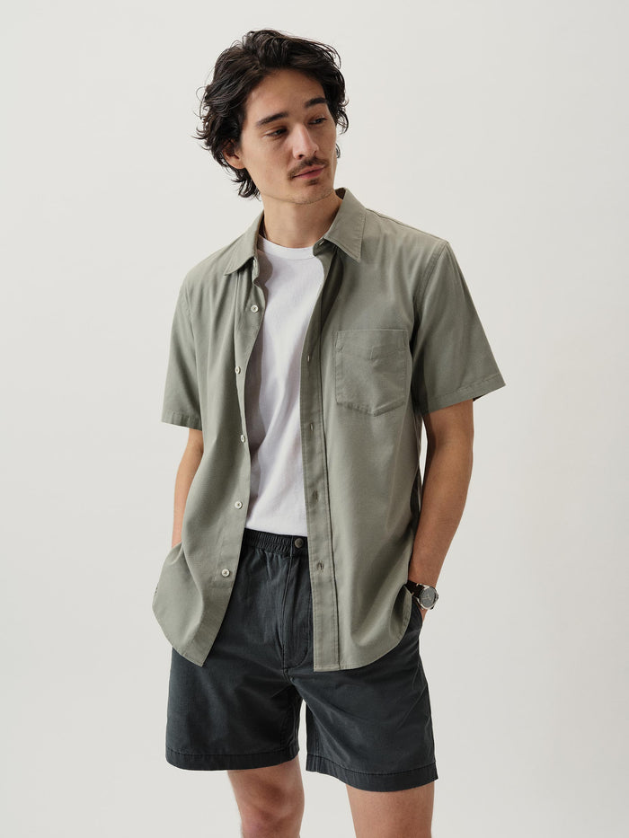 View of the Grey Sea Draped Twill S/S One Pocket Shirt