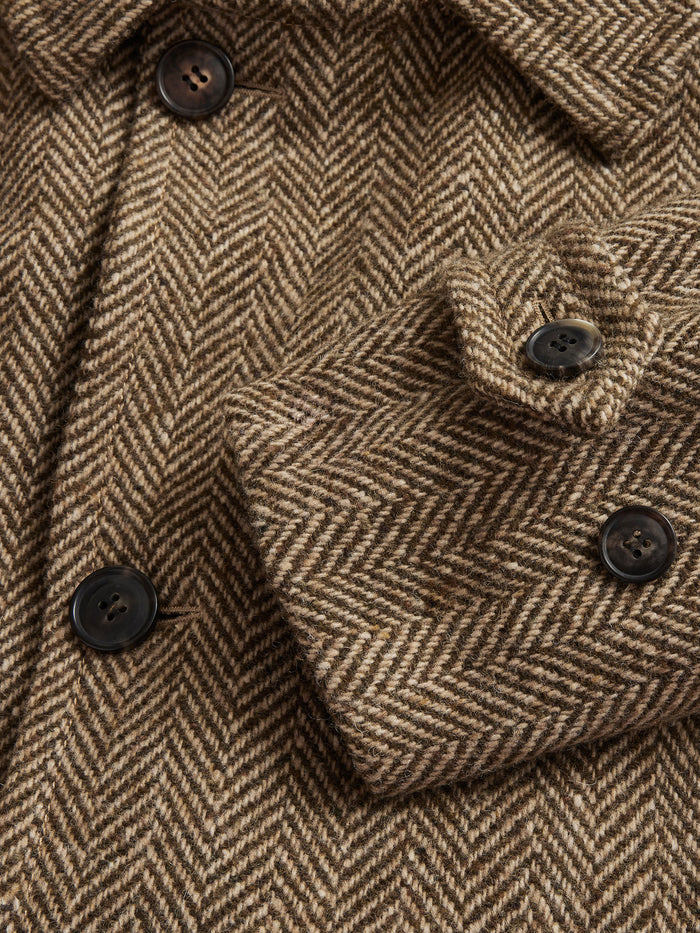 Olive Herringbone Donegal Chevron Tweed Balmacaan Coat - Closeup