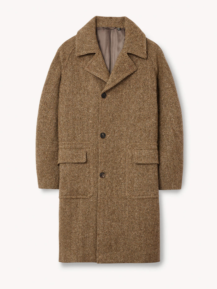 Natural/Olive Herringbone Donegal Chevron Tweed Balmacaan Coat - Product Flat