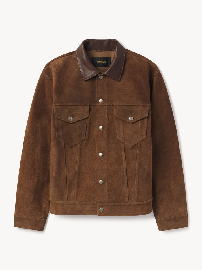 Golden Chestnut Pull-Up Rambler Suede Trucker Jacket - Product Flat