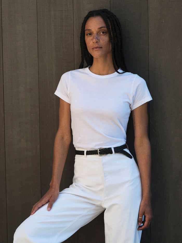 Model wearing White Pima Slim Crew 