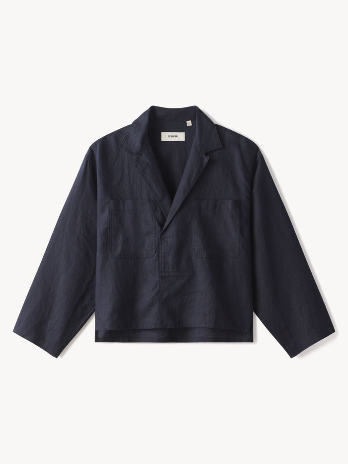 Dark Navy Crosshatch Linen Monterrey Popover Shirt - Product Flat