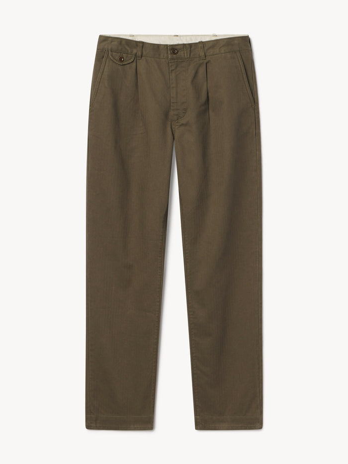 Field Olive Venice Wash Herringbone Twill Full Saddle Larsen Pant - Product Flat