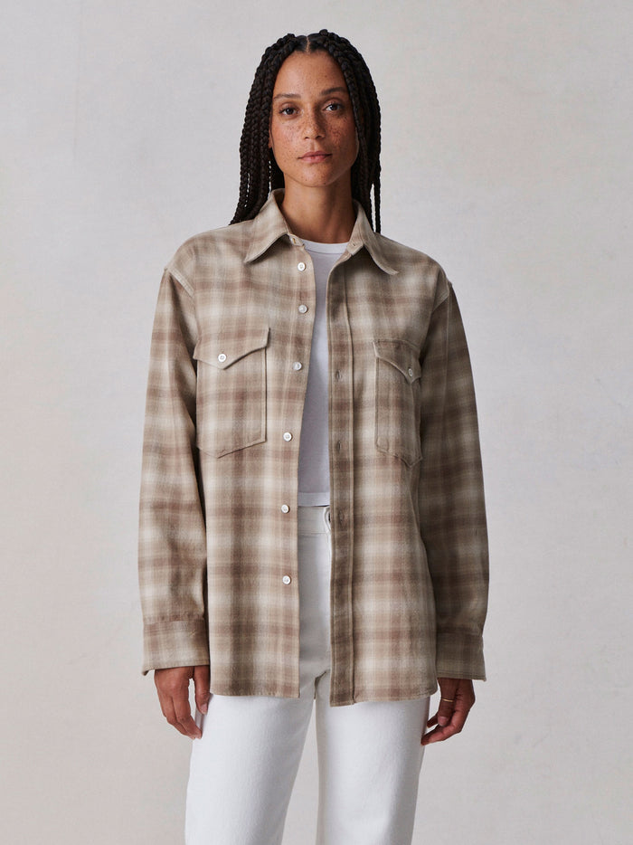 Model Wearing Baywood Shadow Plaid Brushed Flannel Overshirt - Front 01