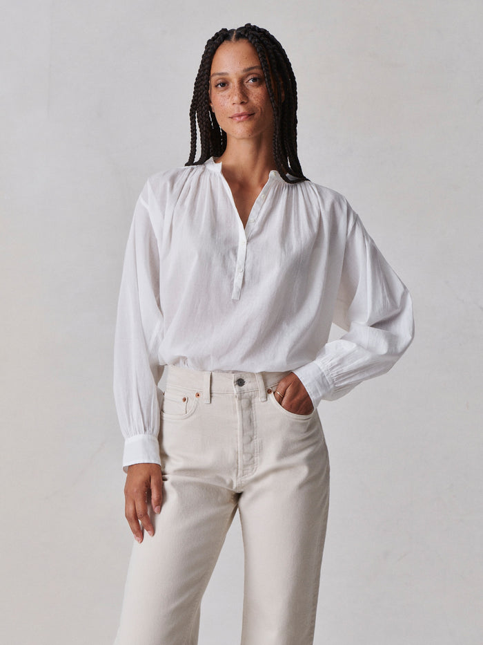 Model Wearing White Heirloom Cotton Ojai Shirt