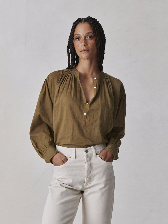 Model Wearing Bronze Brown Heirloom Cotton Ojai Shirt