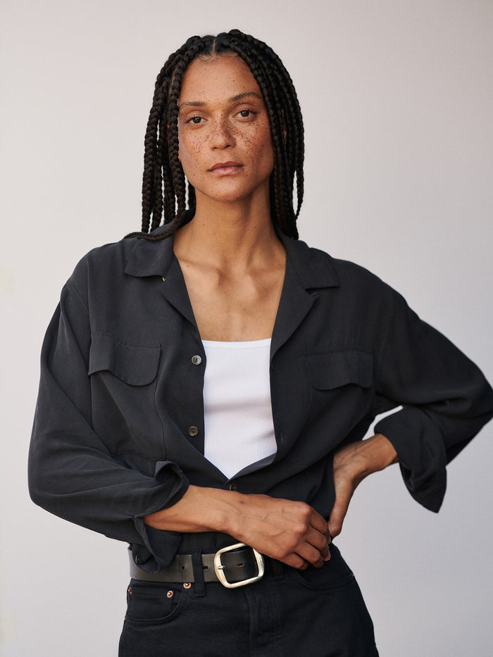 Model Wearing Soft Black Silken Twill Studio Shirt - Front