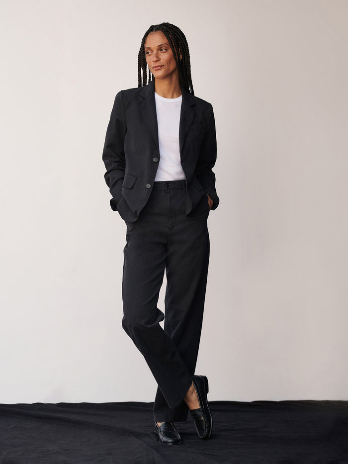 Model Wearing Black Ever Twill Straight Leg Trouser